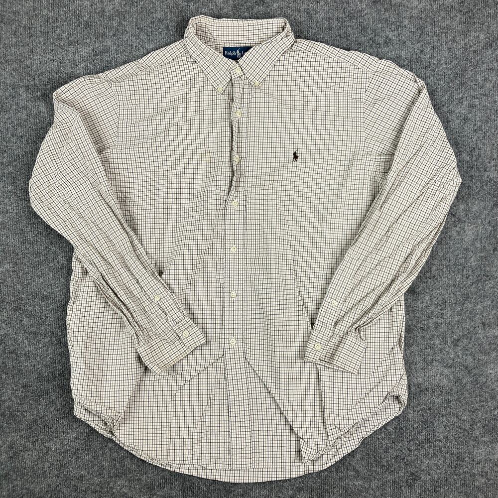 Ralph‎ Lauren Shirt Mens Size XXL Tan Brown Tattersall Check Long Sleeve Pony